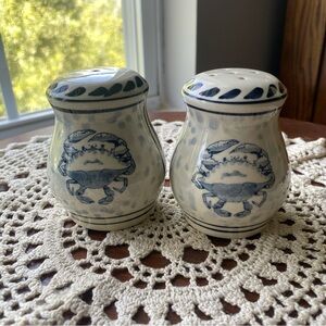 Vintage Blue and White Crab Salt and Pepper Shakers EUC